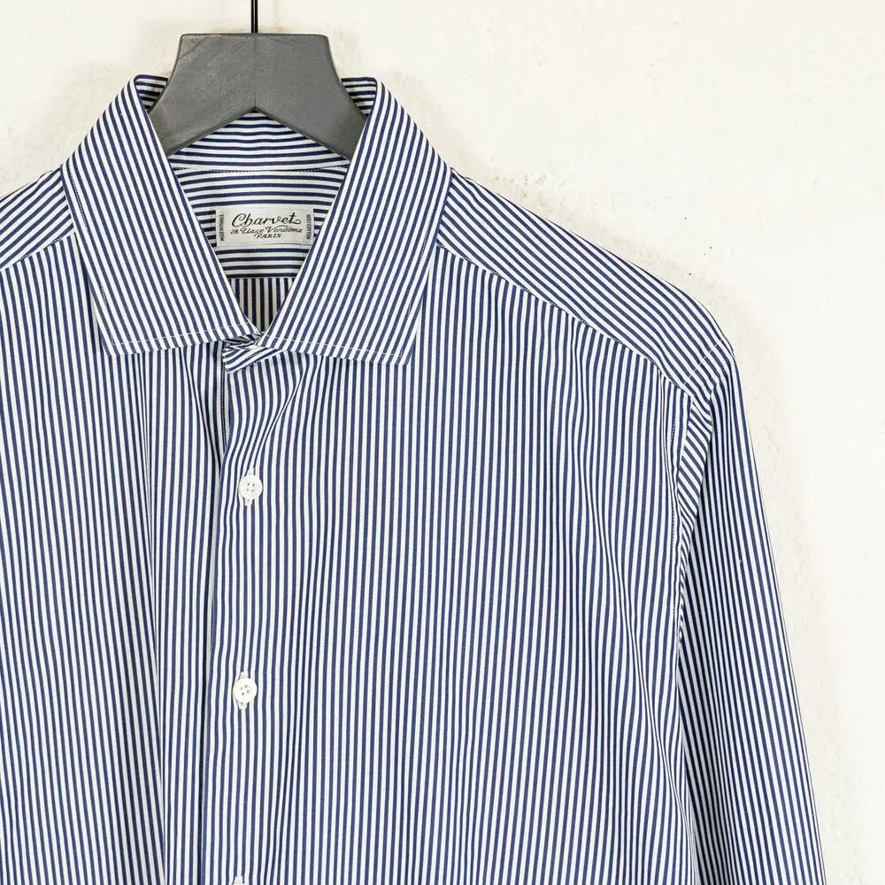 Charvet Paris Men's Classic fit Dress Shirt Blue Striped cotton 16 neck
